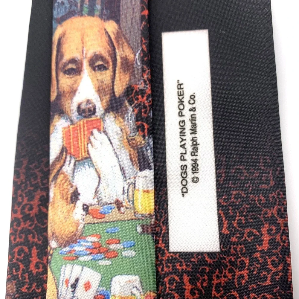 Vintage Ralph Marlin Mens Tie Black Dogs‎ Playing Poker Scene Poly Necktie USA